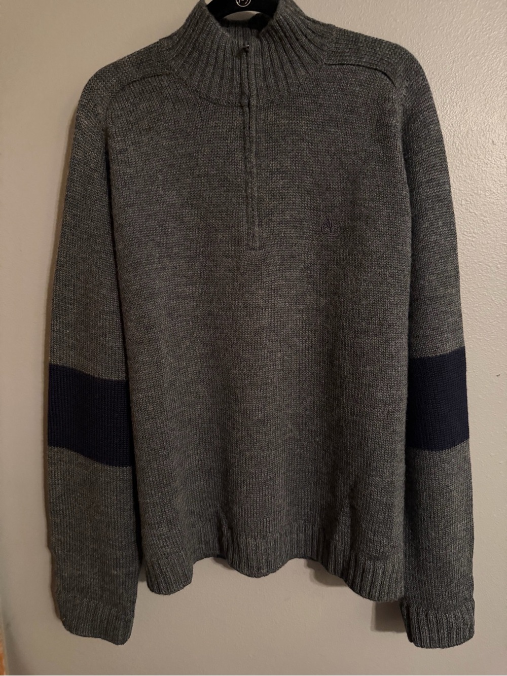 Timberland Men's Gray Zip-Neck Sweater with Navy Sleeve Bands